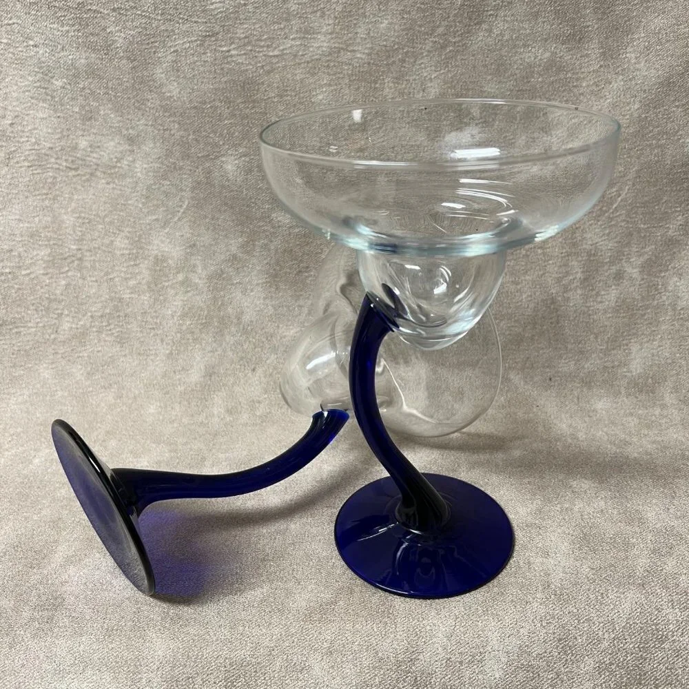LIBBEY Cobalt Blue 2 BRAVURA Margarita Champagne Curved Stem Glasses 7 1/4 